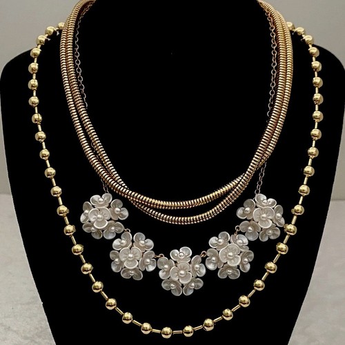Lot of 3 Necklace Multi Layer Gold Tone White Floral Snake Chain Bead Graziano
