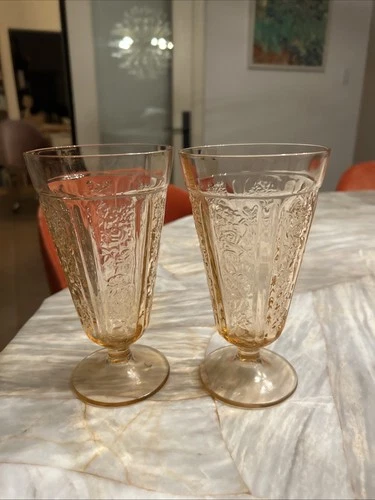 1930s Federal SHARON CABBAGE ROSE PINK 6 3/4" FOOTED ICED TEA TUMBLERS SET 2