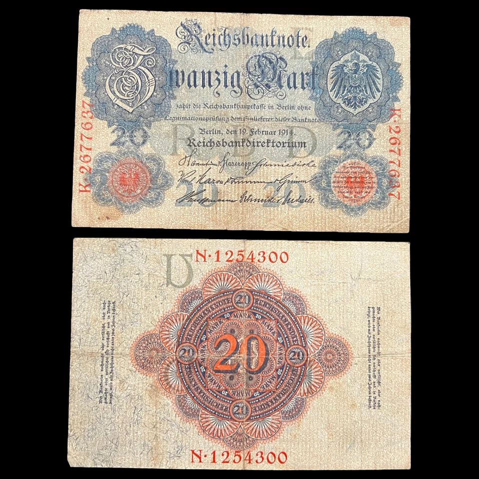 5x 1914 German 20 Mark Banknote WW1 WWI Military Inflation Fascist Kaiser War - Image 2 of 4