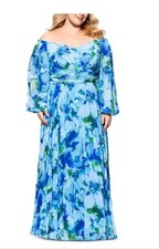 Xscape 14W Blue Floral Chiffon Pleated Cold Shoulder Maxi Gown Plus Size $279