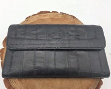 Black Eel Skin Style Leather Wallet Clutch Organizer Snap  Zip ID Window VTG