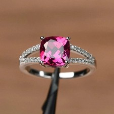 2CT Cushion Cut Lab Created Sapphire Women Solitaire Ring 14K White Gold Plated