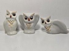 3 Vintage MCM Winking White Owls Ceramic Hand-Painted Figures Decor