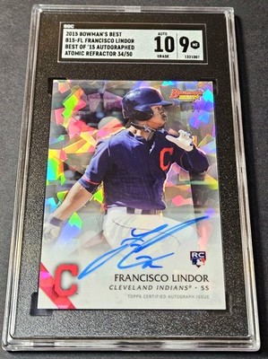 2015 Bowman's Best Atomic /50 Rookie Auto Francisco Lindor Refractor RC #B15-FL