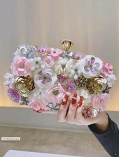Ivory Pink Beaded Clutch Bag with Gold Handle, Floral Embellishments, Satin
