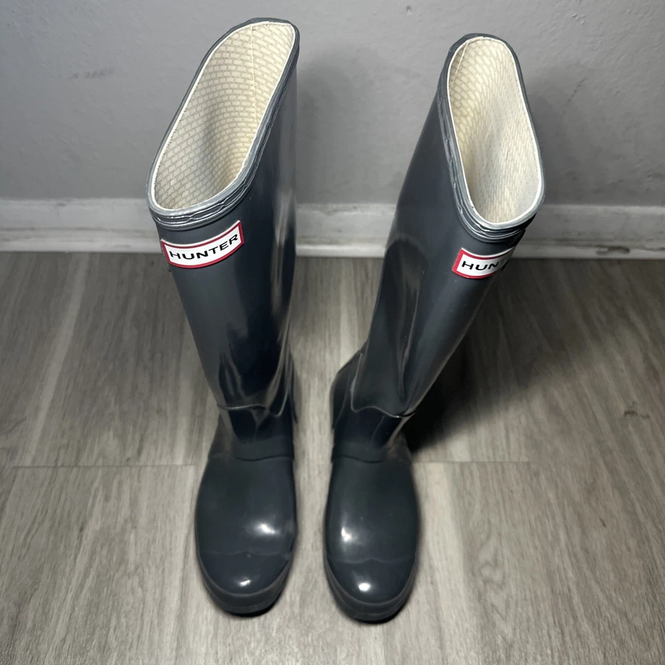 Botas de borracha Hunter originais altas femininas joelho alto brilho cinza chuva EUA 5M - Imagem 2 de 4