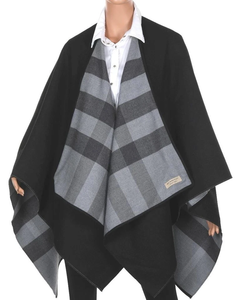 CHAQUETA PONCHO NUEVA BURBERRY NEGRA GRIS A CUADROS REVERSIBLE CAPA SÓLIDA TALLA ÚNICA Foto 2 de 4