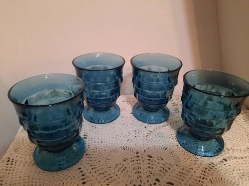 Vintage Whitehall Riviera Blue 4 Footed Tumbler Glasses USA 4 3/8" Tall