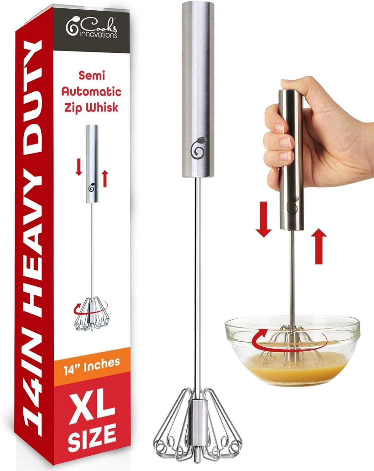 14 Inch Stainless Steel Hand Whisk - Durable & Easy to Use Push-Down Zip Whisker