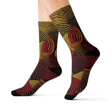 Abstract Wave Pattern Sublimation Socks  Red Yellow Swirl Crew Socks