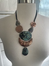 Turquoise, copper,  Silver tone 22 inch Bohemian, festival pendant necklace