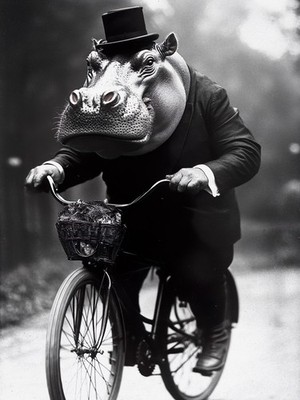 Vintage Nilpferd balanciert auf dem Fahrrad in der Altstadtstraße A1-A4 Poster Kunst Gemälde Mas