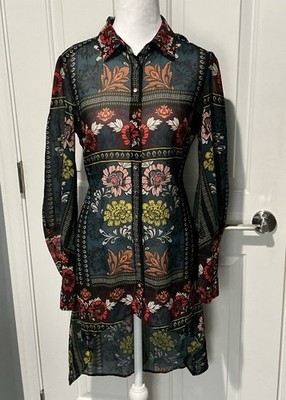 Bebe Mesh Bohemian Floral Tunic Shirt Button Up Long Sleeve Size XS
