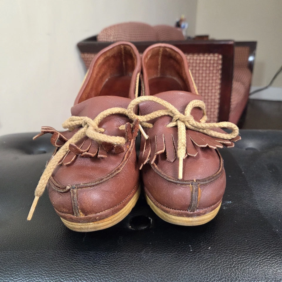Zapatos Mocasín Cuña Cuero Marrón Cherokee Vintage Años 70 Flecos Boho 7.5 Foto 3 de 4