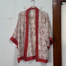 Max Studio Womens Floral Kimono Wrap Top Red Ivory Botanical Medium NWT