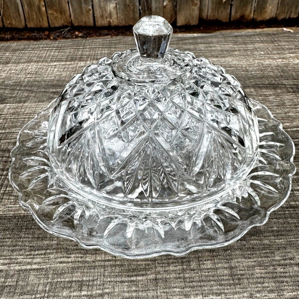 Anchor Hocking Retired 1960's Prescut Clear Pineapple Round Covered Butter Dish