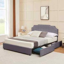 Full/Queen Upholstered Bed Frame with 4 Storage Drawers Adjustable Headboard