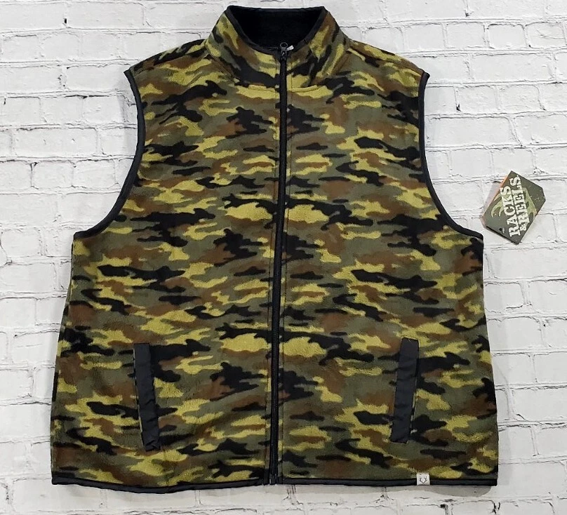 Racks & Reels Fleece Vest Mens XL Green Camo Full Zip Outdoor Hunting Gorpcore