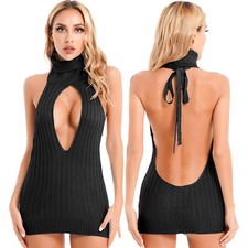 Women's Knitted Mini Dress Halter Backless Keyhole Sexy Party Lingerie Clubwear