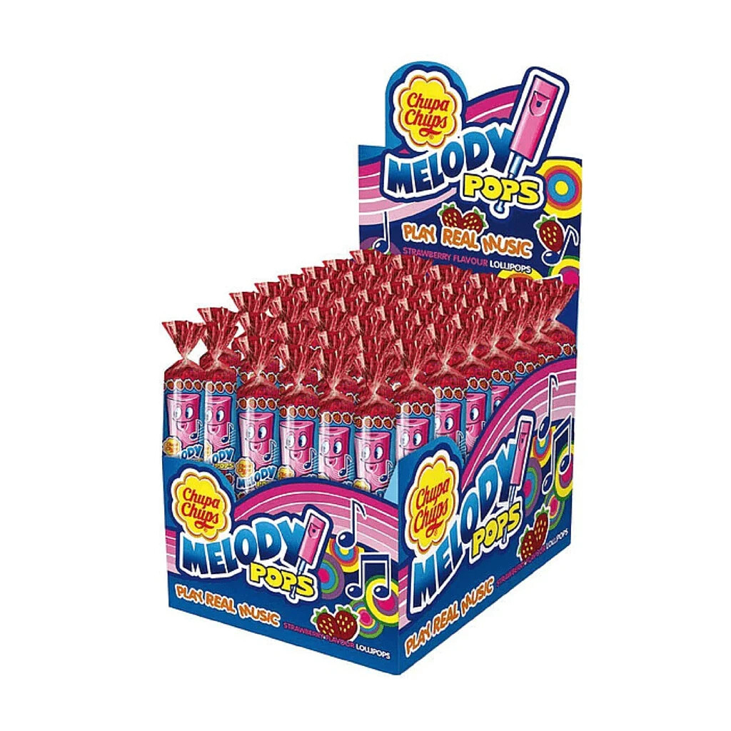 48 CHUPA CHUPS MELODY POPS Sabor Fresa Piruletas Silbatos Dulces Caramelo