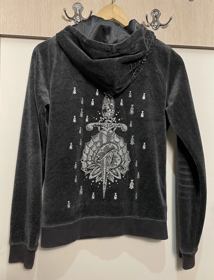Christian Audigier Sudadera con Capucha Cremallera Vintage Estampado Estrás Logo Terciopelo Talla M Foto 4 de 4
