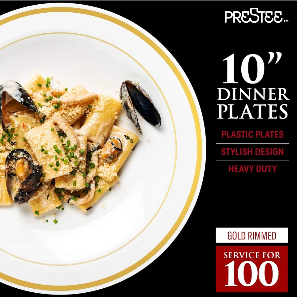 Platos de plástico dorado Prestee 200 piezas - 100 platos de cena y 100 platos de ensalada, blanco Foto 3 de 4