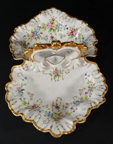 Antique German Porcelain Divided Lobster Nut Bon Bon Dish Ruffled Edge Gold Gilt - Picture 9 of 12