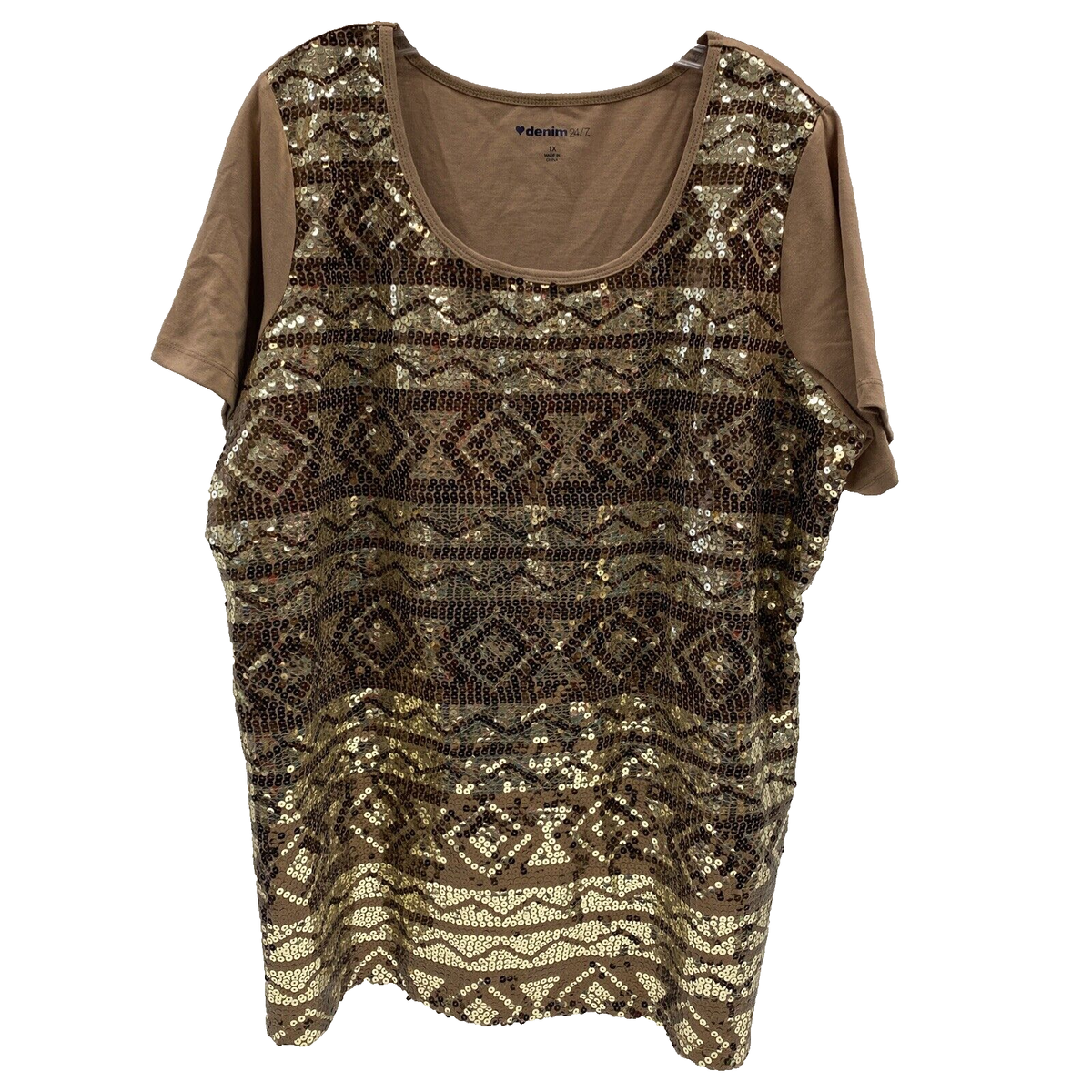 Denim 24/7 Sequin Front Shirt Womens plus Size 1X tan short sleeve