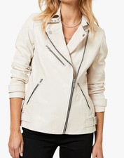 New Mint Velvet Leather Biker Jacket Uk 8 Cream Off White Zip Up Soft