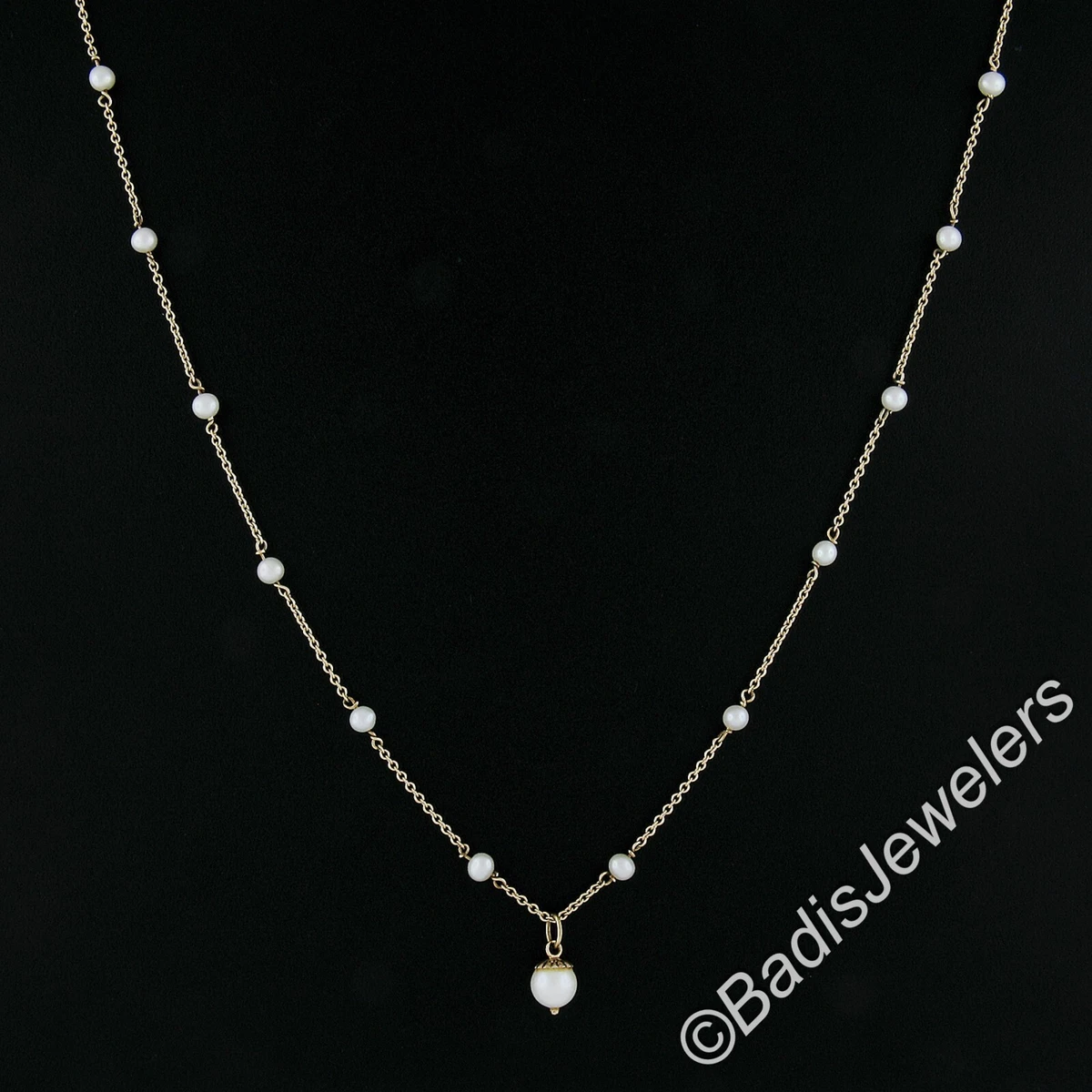 Vintage 14k Gold 4mm White Pearl By The Yard 17 Cable Chain