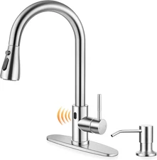 Touchless Kitchen Faucet with Soap Dispenser Brushed Nickel Stainless Steel Sink
