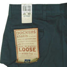 Vtg Dockers Pants Men's 36x32.5 Green Khaki Pleated Loose Fit Wrinkle Free New