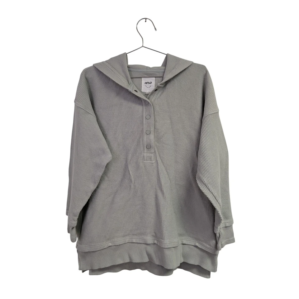 Aerie Textured Henley Hoodie Sweatshirt Loungewear Cozycore Sage Green Small - Image 2 of 4