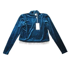 Joie Velvet Turtleneck Cropped Top Womens M Teal Rhinestone Fringe Boho Luxe NEW