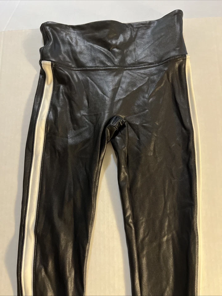 SPANX Faux Leather Tuxedo Stripe Leggings Black White 20187R Women’s SZ SM - Image 2 of 4