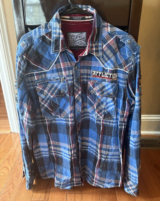 Affliction Black Premium Plaid Button Up Shirt Men s XL Blue Burgundy Y2K Biker