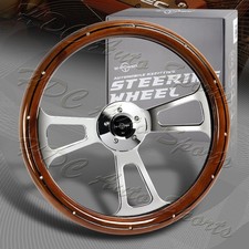 W-power 18 Dark Wood Grip 5-hole Aluminum Chrome 3-spoke Vintage Steering Wheel