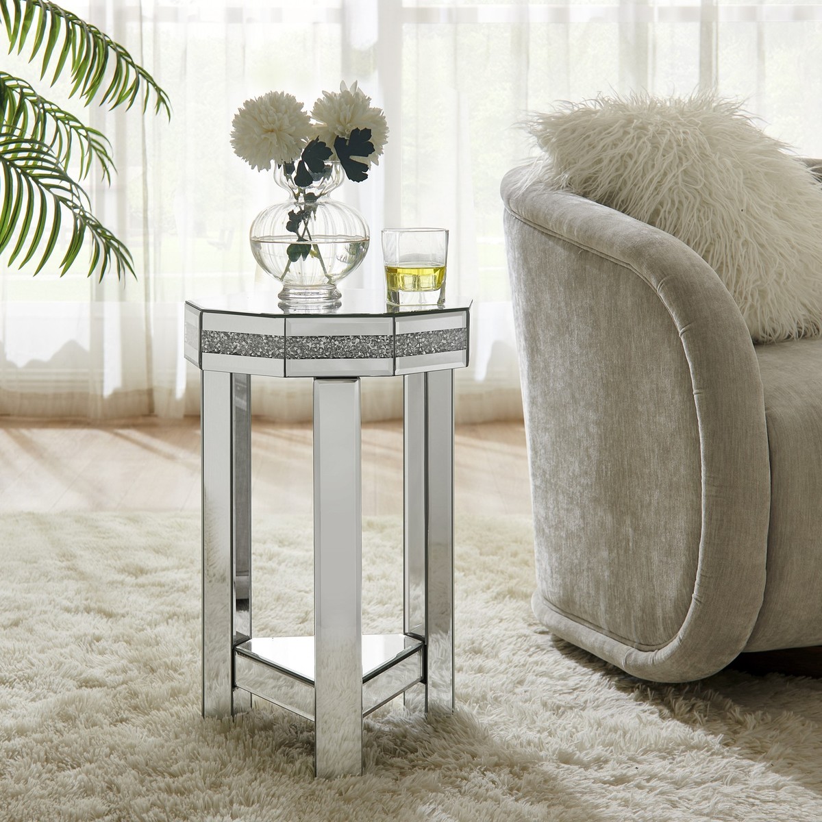 Mirrored Octagon End Table with Crystals Inlay,2-Tier Modern Small