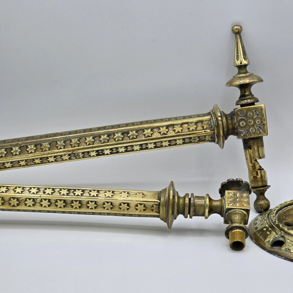 Victorian Brass Swing Arm Wall Sconces Antique Embossed Gas Lights Pair Ornate - Image 3 of 4