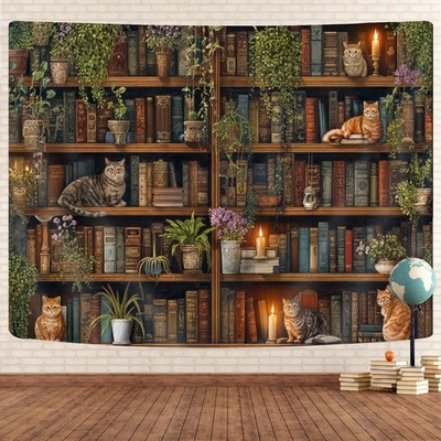Magic Library Tapestry, Green Nature Plant Bookshelf Tapestries for Classroom...