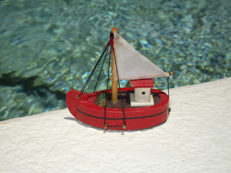Vtg Painted Wood Model Fishing Boat Christmas Ornament Nautical Ocean Red 2.5"