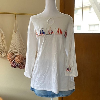Vintage 1990s Nautical Sailboat Embroidered Rhinestone White Top 2X Resort Y2K