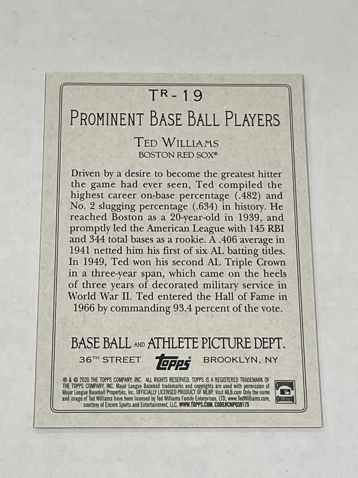 2020 Topps Baseball Turkey Red 2020 - Ted Williams - Boston Red Sox - Image 2 of 2