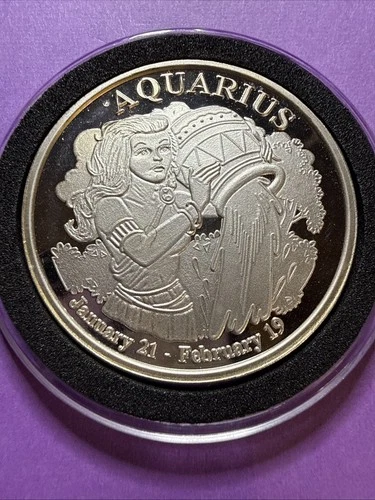 Rare 1 oz “Aquarius January 21-February 19 Zodiac Wheel Reverse .999 Fine Silver