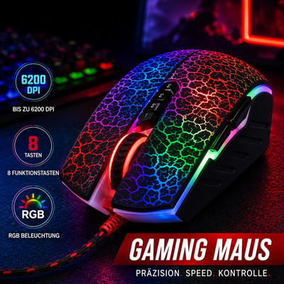 Gaming Maus 6200 DPI USB Gamer Mouse RGB LED 8 Tasten Für PC Laptop Schwarz
