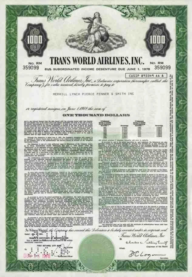 Trans World Airlines 1961 TWA St. Louis Missouri 1000 $ PanAm Merrill Lynch Pier - Bild 1 von 1