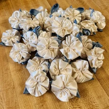 Vintage Rosette Ribbon Bow Appliques Off White w/Blue Crafts Weddings Lot of 72
