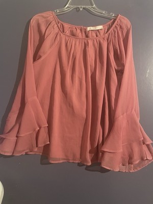 LOFT Mauve Pink Tiered Ruffle Bell Sleeve Blouse Sheer Pleated Neck Top Sz S