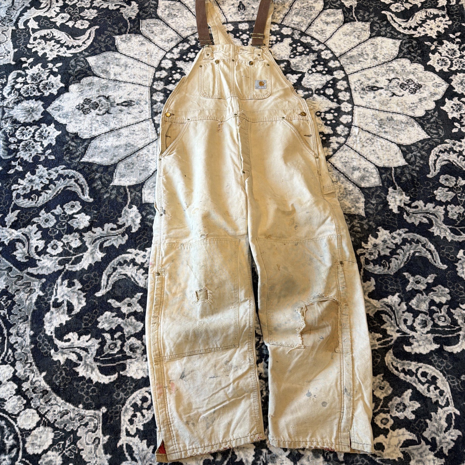 Vintage Carhartt Overalls RED Quilt Lined 38x30 Union Made USA Distressed Look thumbnail 2