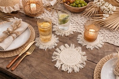 Boho Coasters Macrame for Drinks or Plants Eggshell Colored Set of 3 Multiple